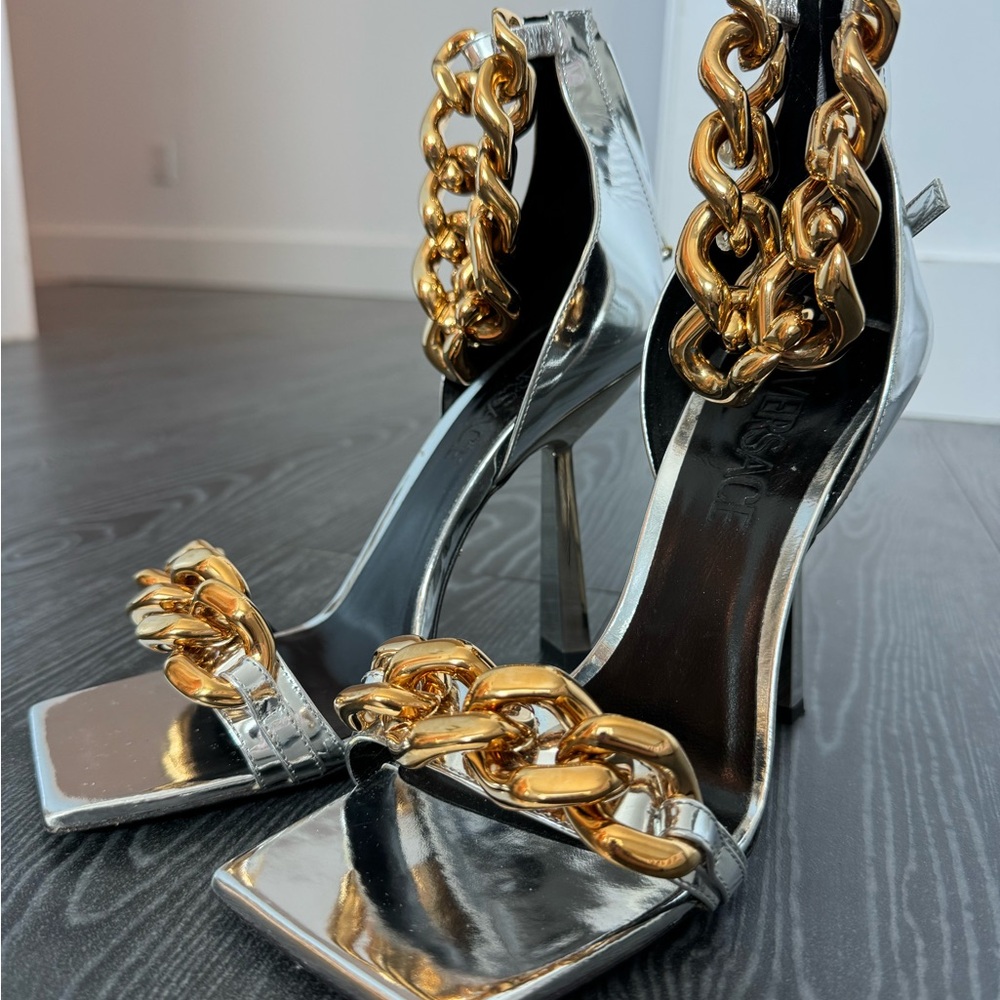 Versace Metallic Heels with Gold Chain